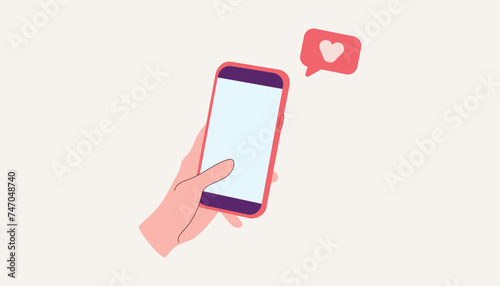 Hand holding smartphone. Finger touch screen. Vector flat cartoon illustration for web sites and banners design.Love message set.Phone with love or like notification messages, Valentines day design.