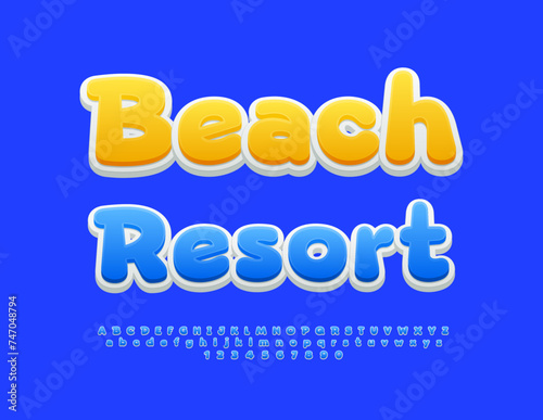 Vector travel poster Beach Resort. Modern Blue Font. Unique Alphabet Letters and Numbers.