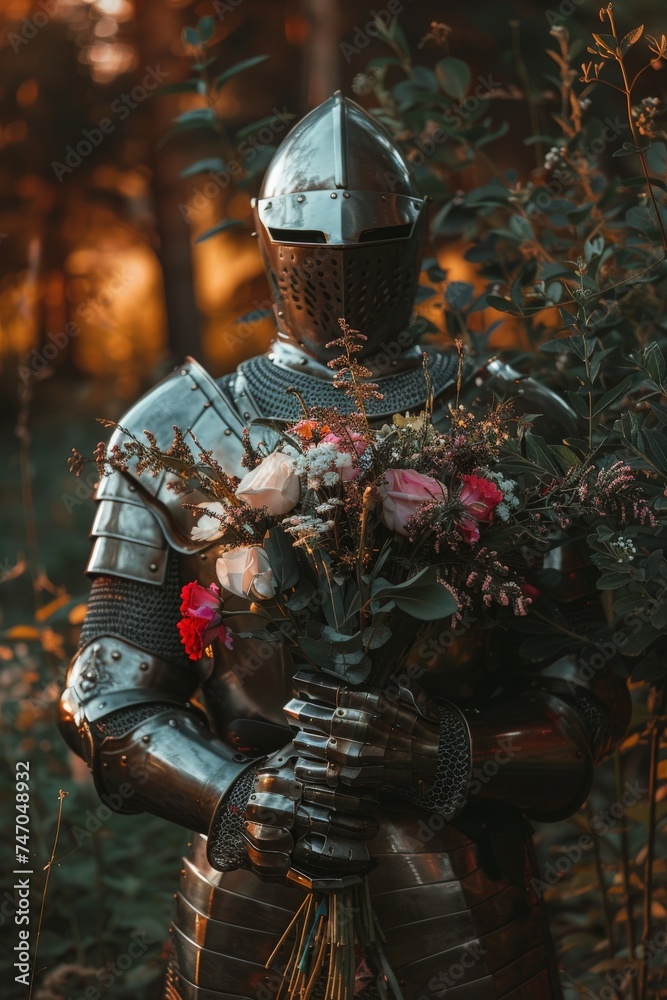 medieval knight in armor holding a bouquet of flowers