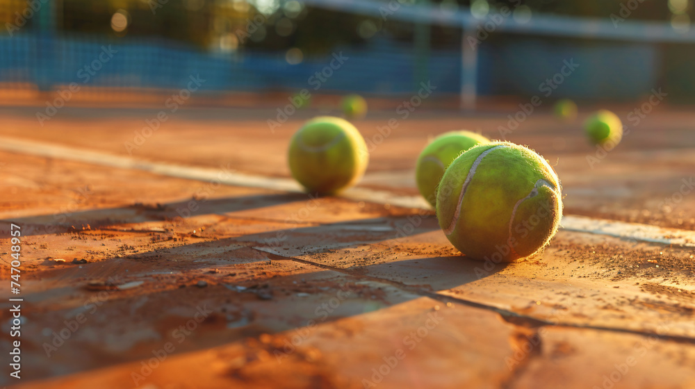 Tennis balls on a tennis clay court.