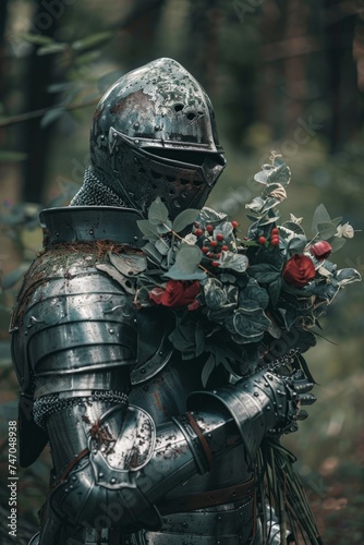 medieval knight in armor holding a bouquet of flowers