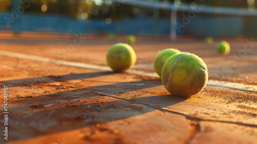 Tennis balls on a tennis clay court. © Layana