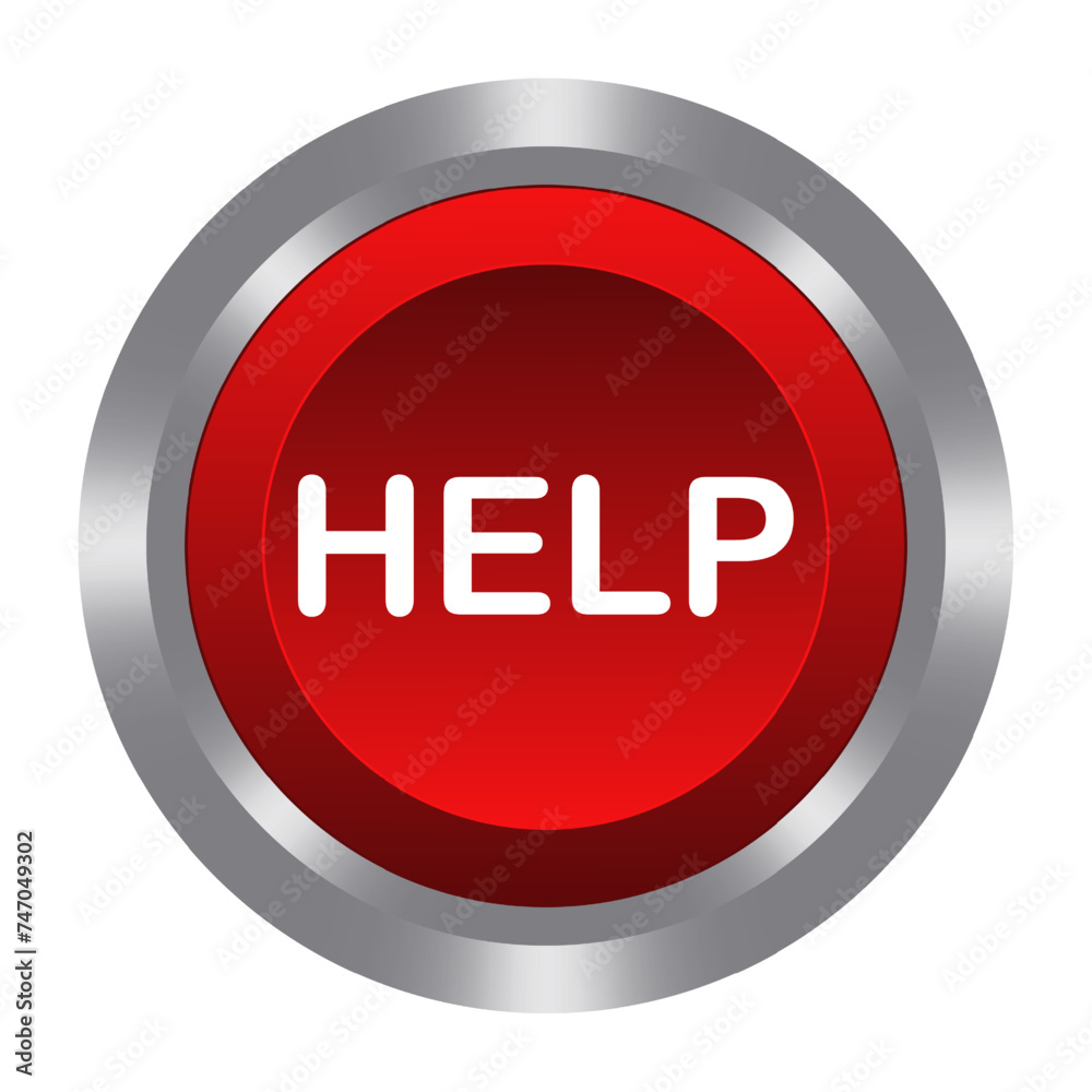 Help red button with metal base. Push, press, control, manipulation, key, knob. Distress call, SOS, save, caution, warning emergency situation, accident, doctor, first aid, danger. Vector illustration Help red button with metal base. Push, press, control, manipulation, key, knob. Distress call, SOS, save, caution, warning emergency situation, accident, doctor, first aid, danger. Vector illustration