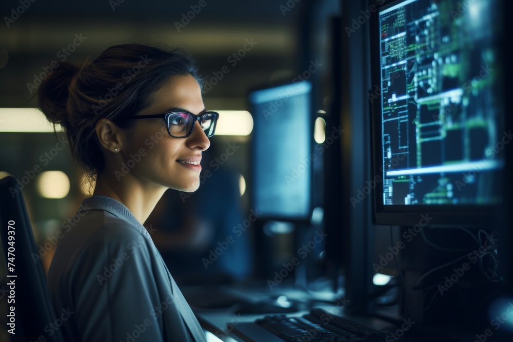 
Portrait photograph of a female computer scientist in her late 30s, working on algorithms in a computer science lab, with computer monitors and servers behind her
