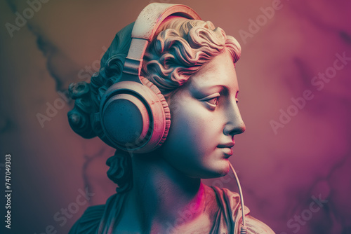 Ancient statue with modern music headphones © erika8213