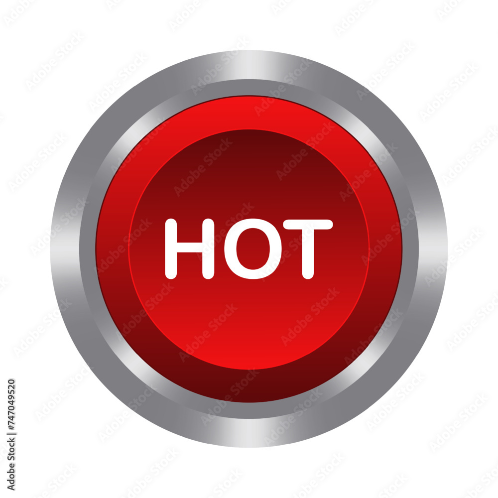 Hot red button with metal base. Push, press, control, manipulation, key, knob. Surface, danger, warning, caution, water, temperature regulation, air, climate, conditioner, plumbing. Vector Hot red button with metal base. Push, press, control, manipulation, key, knob. Surface, danger, warning, caution, water, temperature regulation, air, climate, conditioner, plumbing. Vector