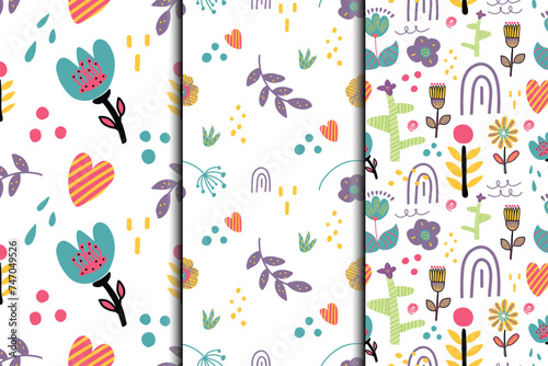 Fototapeta Naklejka Na Ścianę i Meble -  Set of seamless vector floral pattern with branch, heart, flowers, rainbow and leaves.	