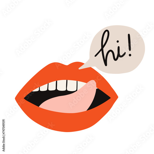 Red lips with lettering hi Red sexy lips. Mouth with kiss, smile, tongue and teeth. Hand drawn vector isolated on white background. Great for poster, t shirts, postcards.