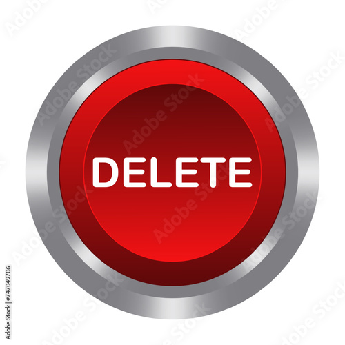 Delete red button with metal base. Push, press, control, manipulation, key, knob. Remove, clean out, clear, removal, withdrawal, resection, free space, get rid of, liquidate. Vector illustration