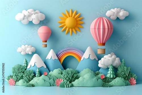 Hot air balloon over the mountains, paper craft art or origami style for baby nursery, children design. © erika8213