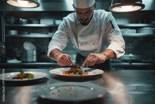 Close-up of a chef plating a gourmet dish in a high-end kitchen