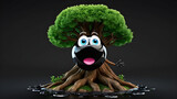 a cartoon character with a happy face funny an earth tree on a black background. Save Earth ecology concept. tree in the earth.