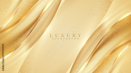 Gold luxury background and elegant ribbon decorations with glitter light effects elements and bokeh.