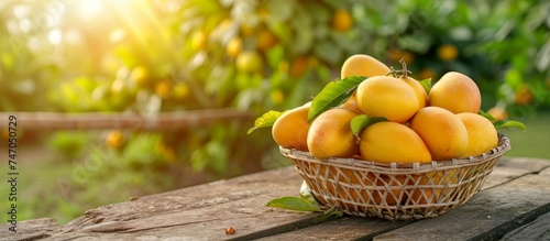 A basket of apricots  a staple food  is placed on a wooden table  showcasing a variety of natural foods that include citrus fruits like Rangpur  clementine  and mandarin oranges.