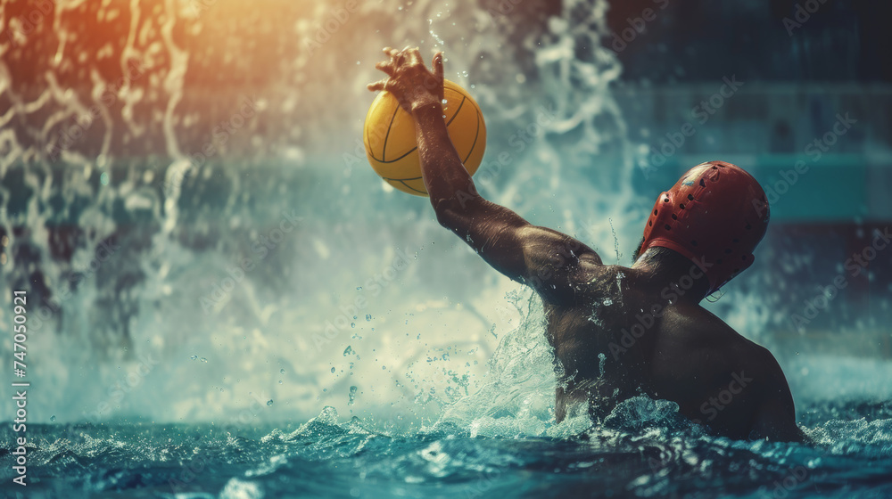 Water polo player reaching the ball in swimming pool - obrazy, fototapety, plakaty 