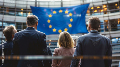 European Union politics concept image with back view of formal unrecognizable politicians at EU parliament in front of the European Union flag photo