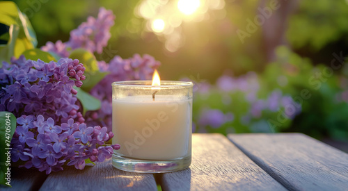 A tranquil scene with a lit candle beside fresh lilac blossoms on a wooden surface against a sunset backdrop