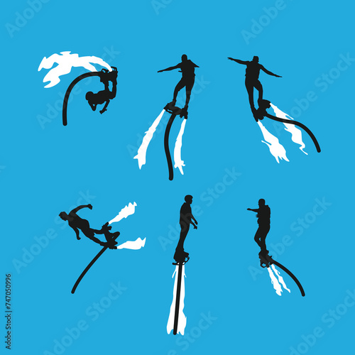 set silhouette of flyboard isolated on white background. different action, pose. extreme sport, water, hobby, summer theme. vector illustration.