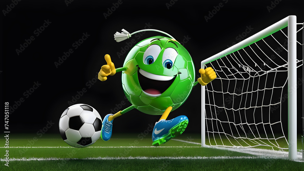 cartoon character with a happy face funny a football kicks the goal on a black background.  football cartoon. happy football.