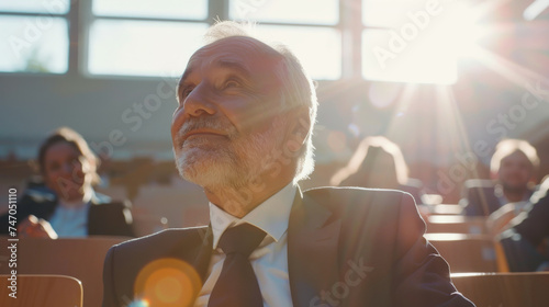 Portrait of a mature man manager going back to school for a training a pass a new degree , old adult student in school or college class listening to a lesson photo