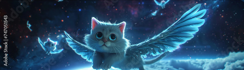 In the dark galaxy, playful winged cats rest, then look surprised 3d render