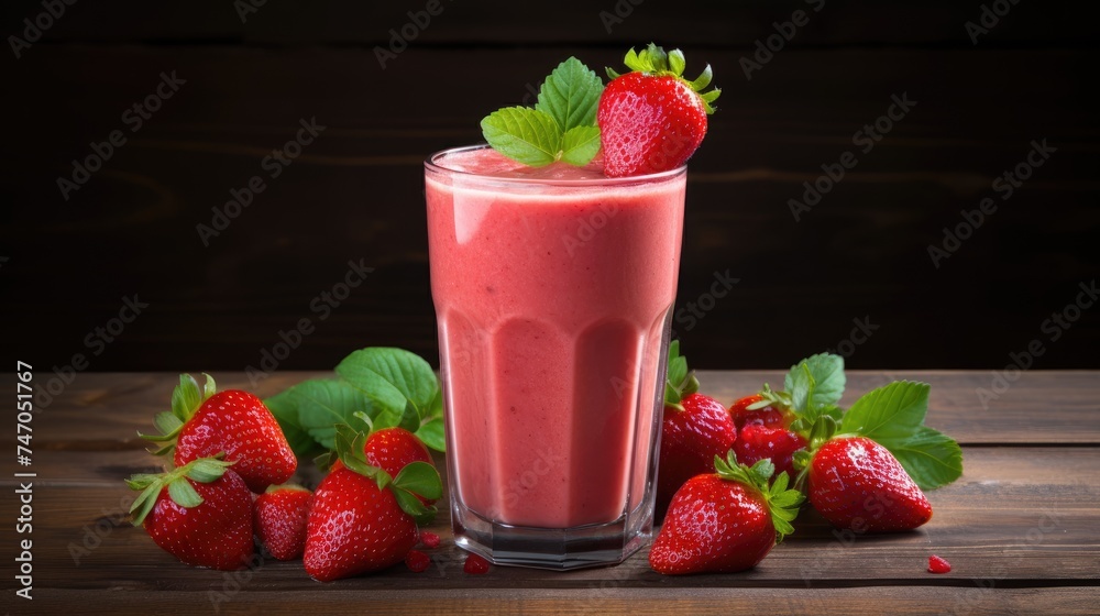 Smoothie in a glass of ripe strawberries on the table. A refreshing refreshing drink, a delicious snack and breakfast. A healthy organic drink. Proper nutrition and diet. Smoothie in a glass of ripe strawberries on the table. A refreshing refreshing drink, a delicious snack and breakfast. A healthy organic drink. Proper nutrition and diet.