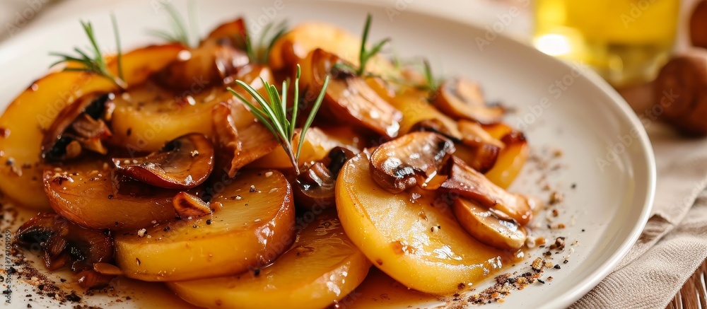 A dish featuring a white plate with a delicious combination of potatoes and mushrooms, showcasing a staple food and natural ingredients on a table. A dish featuring a white plate with a delicious combination of potatoes and mushrooms, showcasing a staple food and natural ingredients on a table.