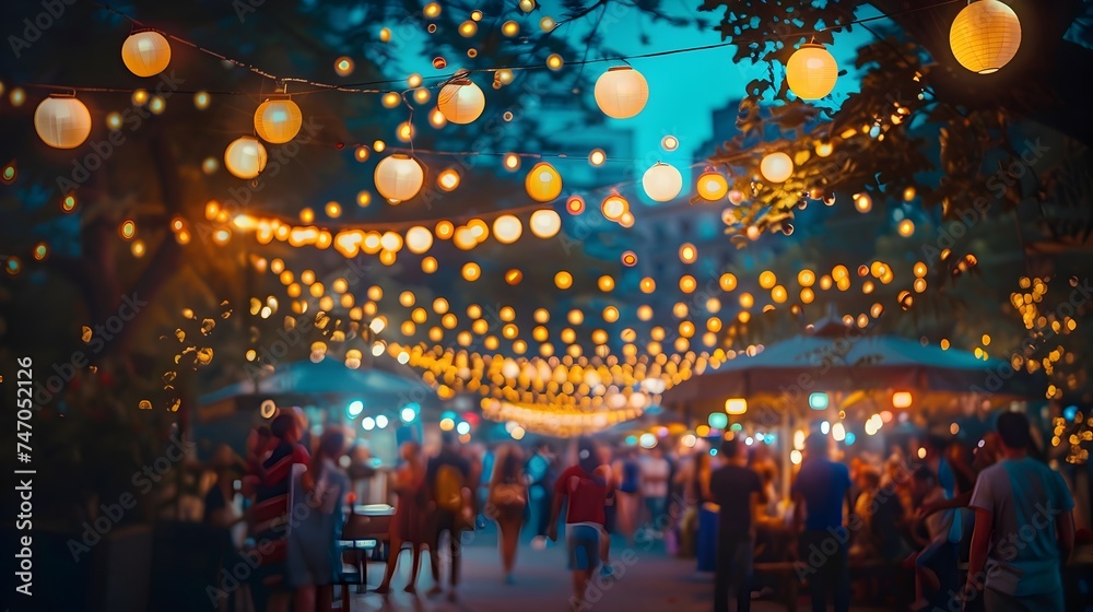 Night Scene with People Walking Under String Lights