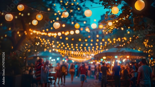 Night Scene with People Walking Under String Lights