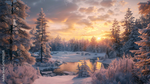 The sun sets over the snowy forest.