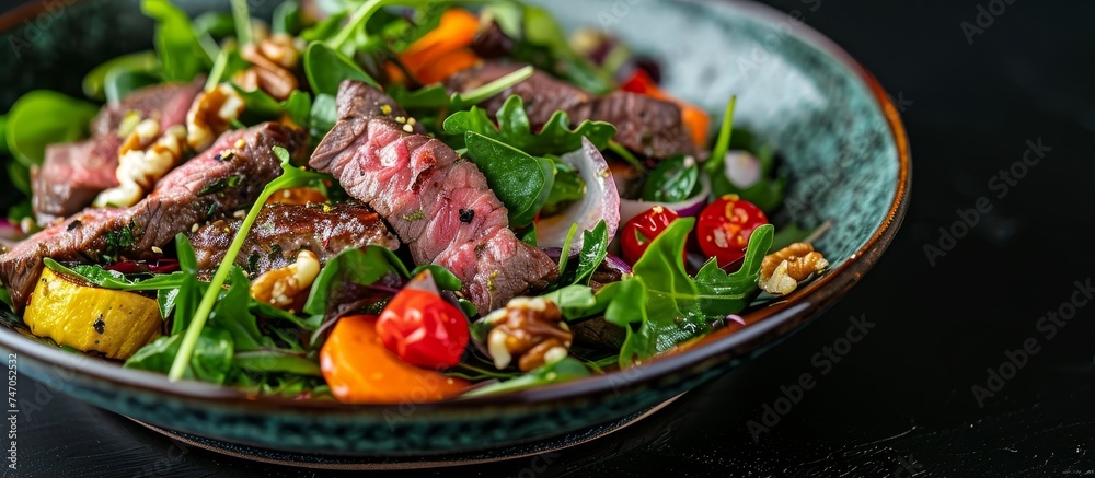 A close-up image of a vibrant salad in a bowl, showcasing a delicious mix of fresh leaf vegetables and colorful ingredients on a table. A close-up image of a vibrant salad in a bowl, showcasing a delicious mix of fresh leaf vegetables and colorful ingredients on a table.