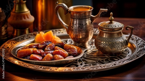 Close-up of Dates, dried fruits, Turkish coffee in a tray on the table in Ramadan. Culture, Religion, Islam, Iftar concepts.