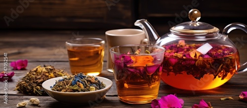 A tea pot filled with vibrant Anchan flowers sits next to a steaming cup of detox tea on a wooden surface.