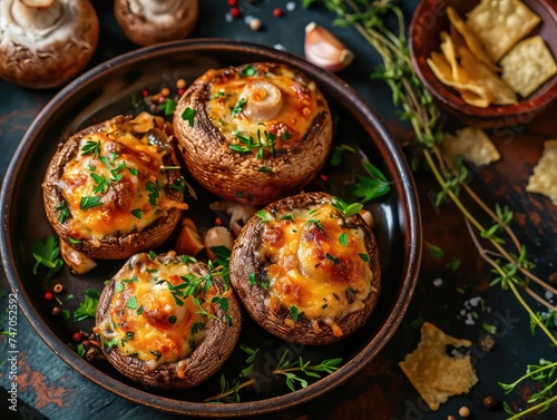 Baked Champignons, Stuffed Mushrooms Caps with Cheese, Garlic and Herbs, Baked Champignons