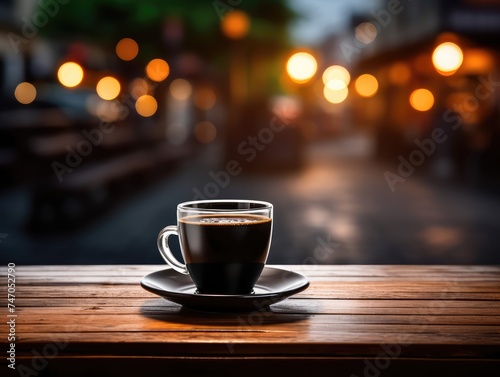 Fresh Black Coffee in Outdoor Cafe  Coffee Cup in Coffeeshop City  Black Coffee on Restaurant Table