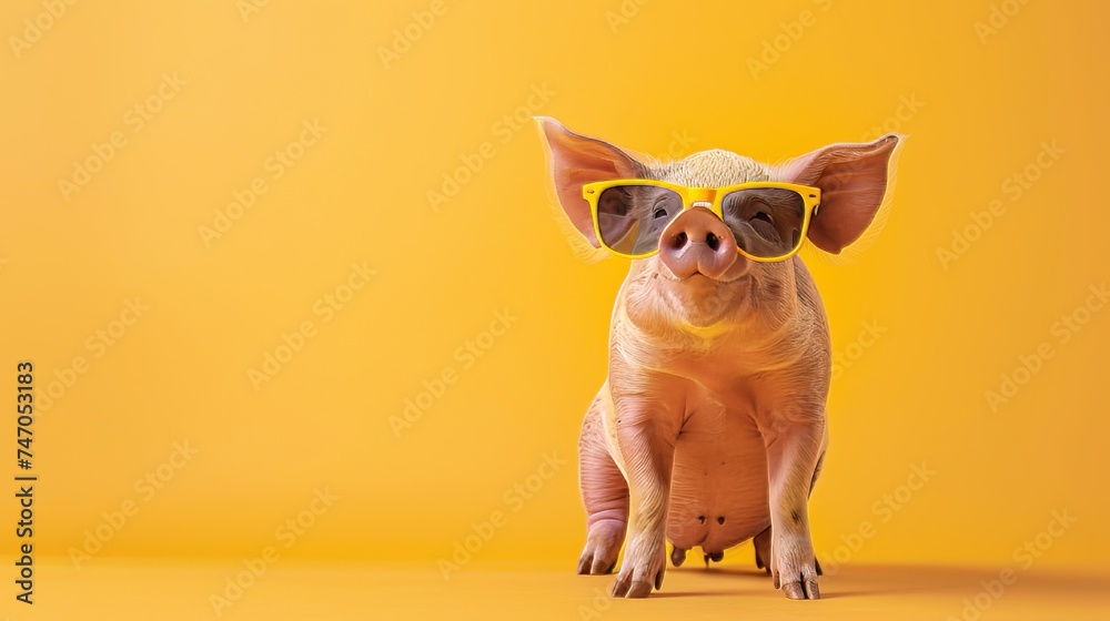 Funny pig wearing sunglasses on pastel color background with copy space for text placement