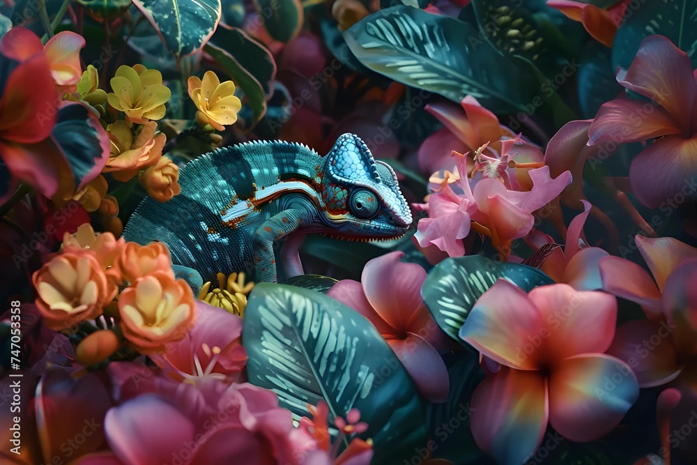 A camouflaged chameleon changes colors among tropical flowers, showcasing nature's adaptation and the exquisite beauty of its camouflage.