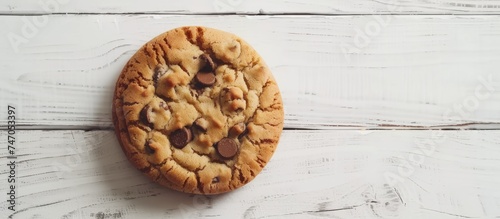 A chocolate chip cookie is placed neatly on a white wooden table, showcasing its delicious texture and golden-brown color. The cookie is perfectly round, with visible chocolate chips scattered