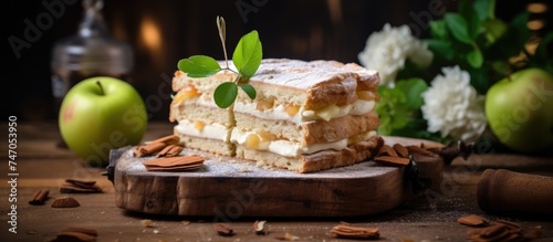 A piece of apple chiffon biscuit cake sits atop a rustic wooden cutting board, showcasing layers of moist sponge cake and fruity apple flavors.