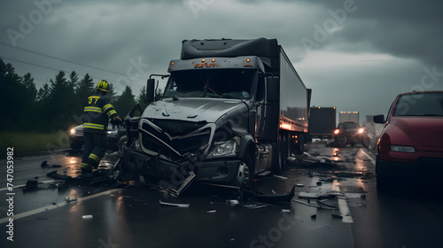 Highway Emergency Response at a Severe Car and Semi-Truck Collision Scene photo