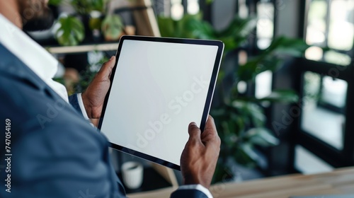 A businessman holding an iPad digital Tablet. iPad digital tablet with Blank screen mockup replacing design mockup