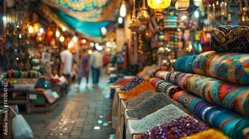 Vibrant Marketplace with Handmade Textiles in Middle Eastern Style © vanilnilnilla