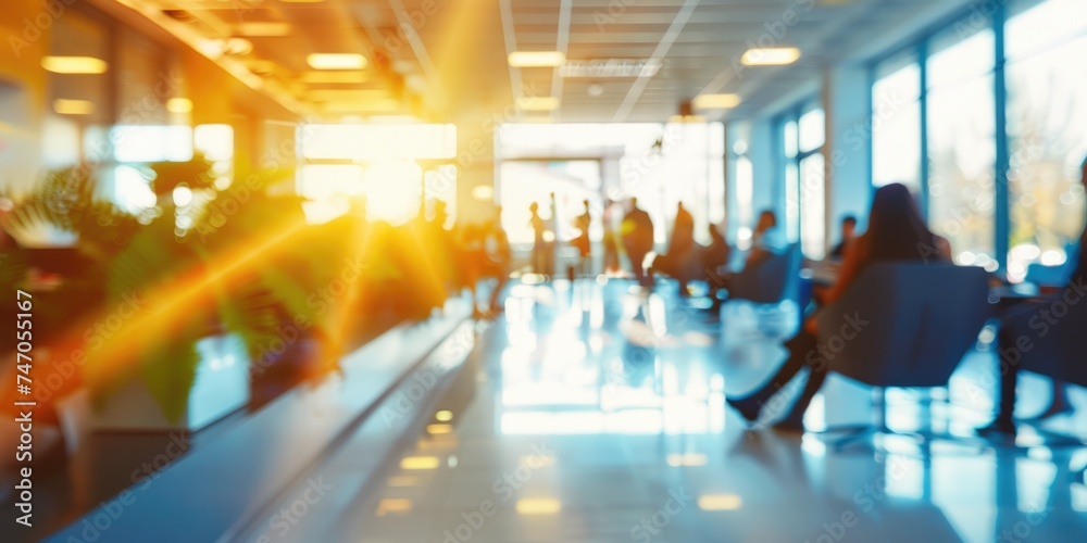 Fototapeta premium blurred image background of a business office floor with people and plants