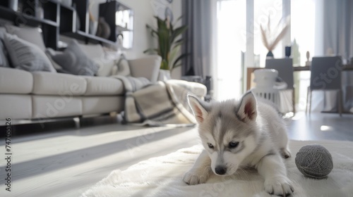 six week old husky puppy playing in a spacious living room