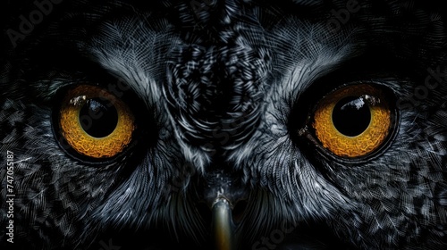 closeup of orange eyes of an owl on dark black background