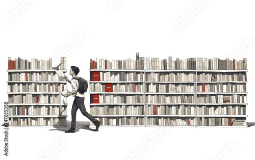 Book Enthusiast Perusing Shelves at a Running Bookstore Isolated on Transparent Background PNG.