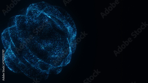Abstract futuristic black background 8K 16:9 with glowing blue particles in shape of sound waves spheres. 3D rendering. Bundle of energy. Hi-tech, business connection, digital technology illustration photo