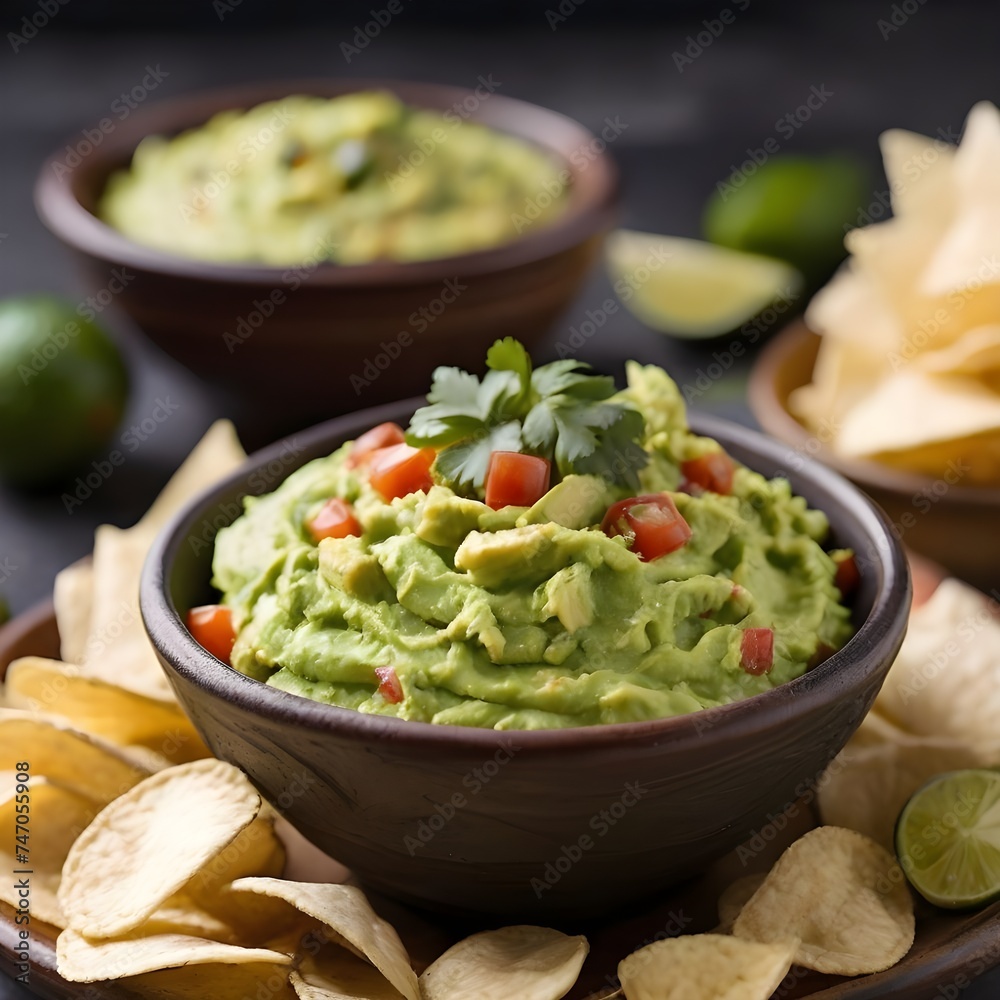 A close-up of freshly made guacamole with tortilla chips A close-up of freshly made guacamole with tortilla chips