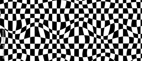 Black and white checkered background with distortion effect. Distorted chess board. Print, optical illusion, monochrome, abstract geometric pattern. Vector illustration