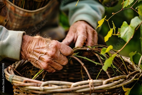 Master old man weaves a basket of vines twigs